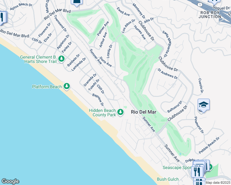 map of restaurants, bars, coffee shops, grocery stores, and more near 633 Townsend Drive in Aptos