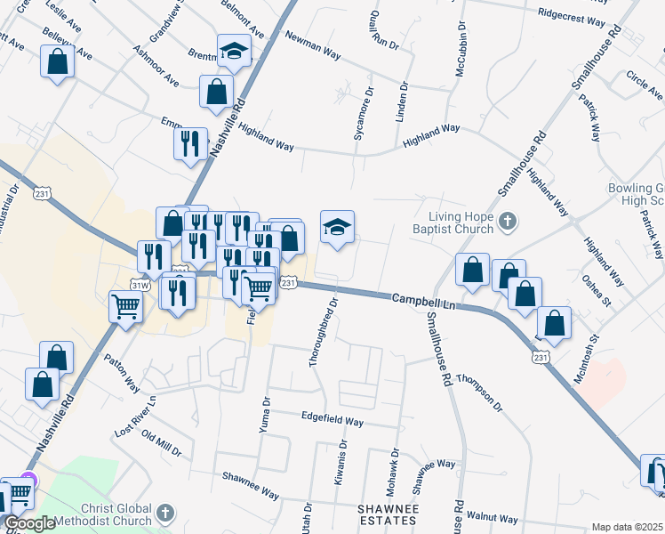 map of restaurants, bars, coffee shops, grocery stores, and more near 900 Campbell Lane in Bowling Green