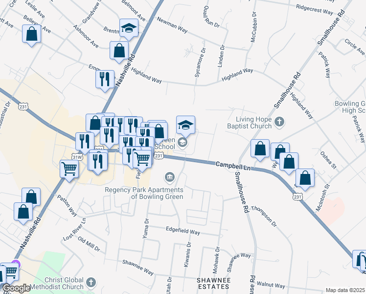 map of restaurants, bars, coffee shops, grocery stores, and more near 900 Campbell Lane in Bowling Green