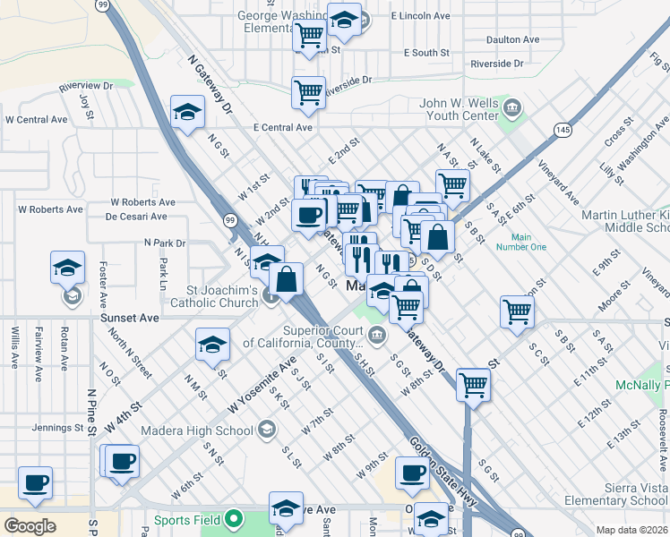 map of restaurants, bars, coffee shops, grocery stores, and more near 205 North G Street in Madera