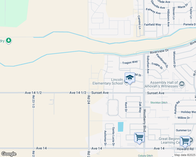 map of restaurants, bars, coffee shops, grocery stores, and more near Via Valencia Drive in Madera