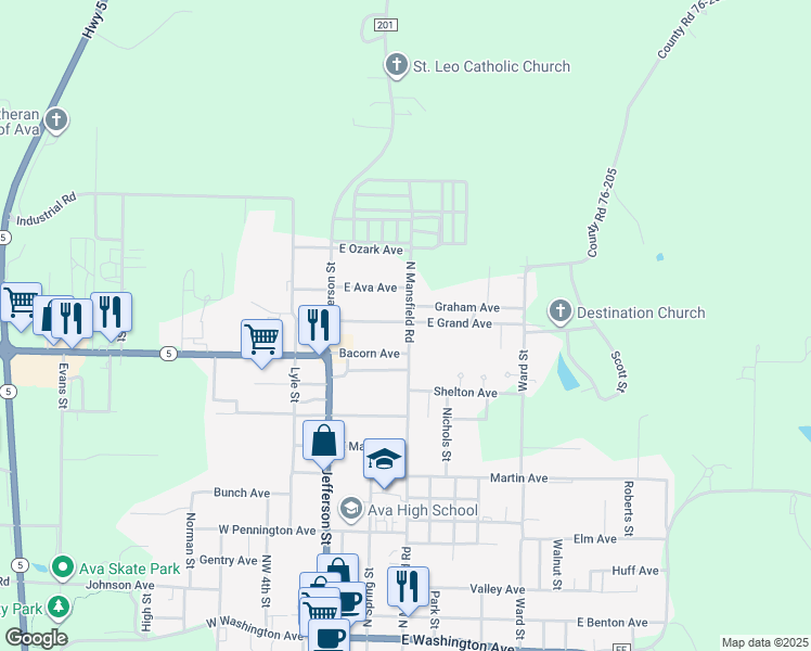 map of restaurants, bars, coffee shops, grocery stores, and more near Northeast 5th Street in Ava