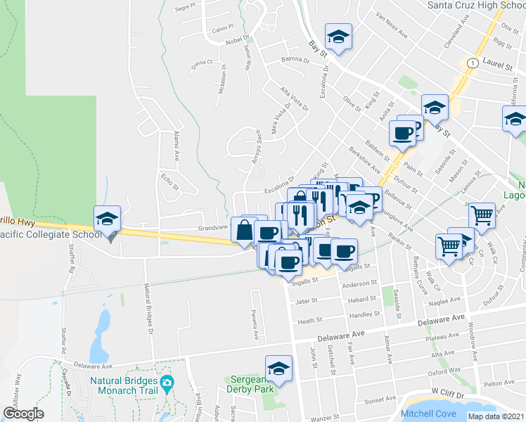 map of restaurants, bars, coffee shops, grocery stores, and more near 114 Serra Court in Santa Cruz