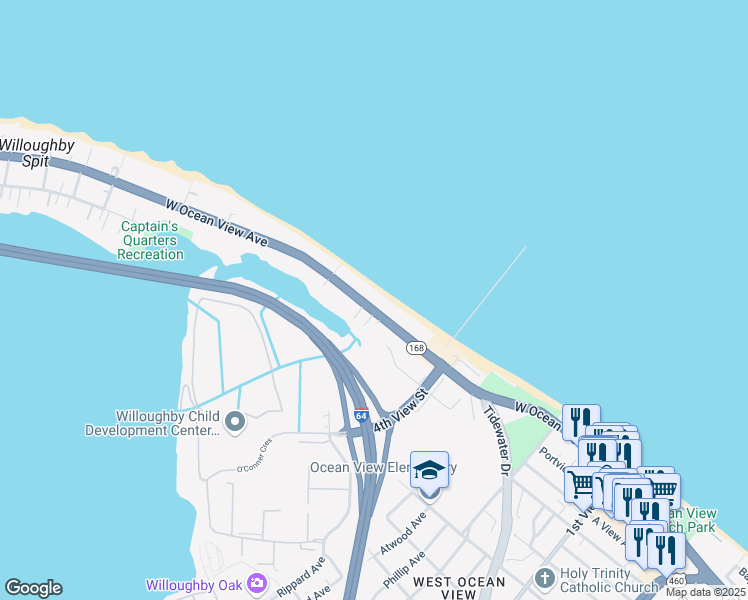 map of restaurants, bars, coffee shops, grocery stores, and more near 526 West Ocean View Avenue in Norfolk