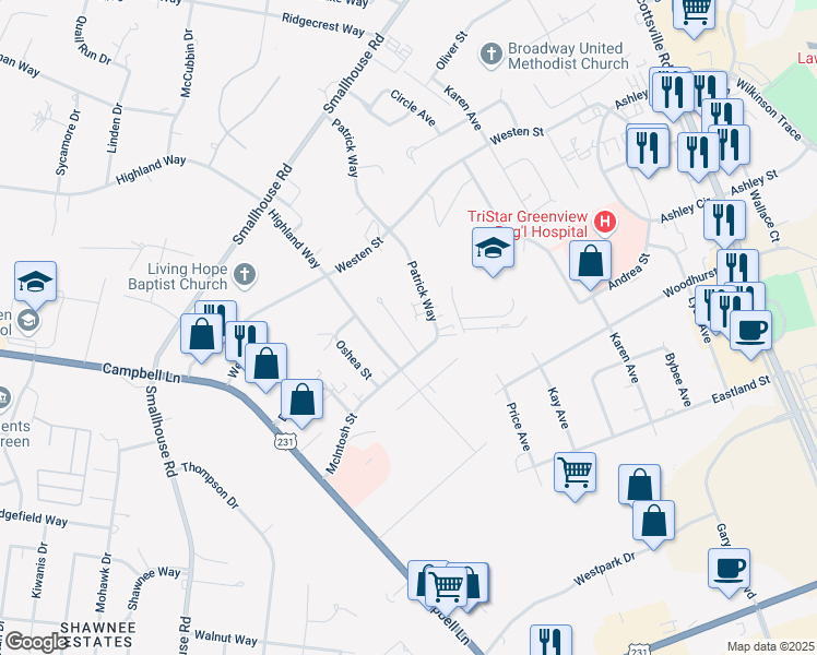map of restaurants, bars, coffee shops, grocery stores, and more near 1720 McGregor Court in Bowling Green