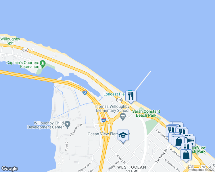 map of restaurants, bars, coffee shops, grocery stores, and more near 526 West Ocean View Avenue in Norfolk