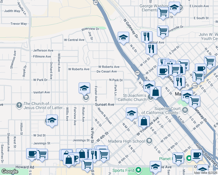 map of restaurants, bars, coffee shops, grocery stores, and more near 515 Barsotti Avenue in Madera
