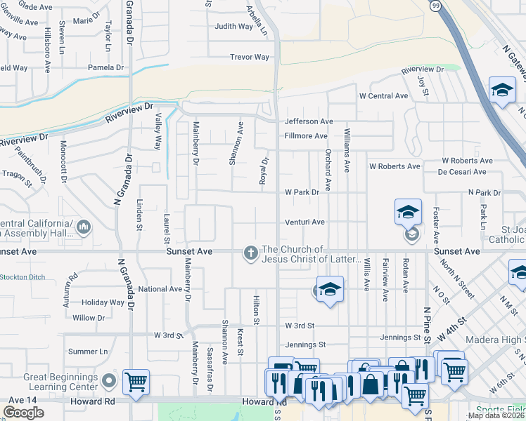 map of restaurants, bars, coffee shops, grocery stores, and more near 700 North Schnoor Avenue in Madera
