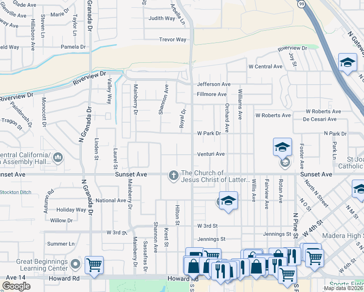 map of restaurants, bars, coffee shops, grocery stores, and more near 700 North Schnoor Avenue in Madera