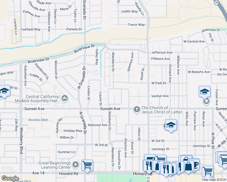 map of restaurants, bars, coffee shops, grocery stores, and more near 716 Sand Dollar Court in Madera