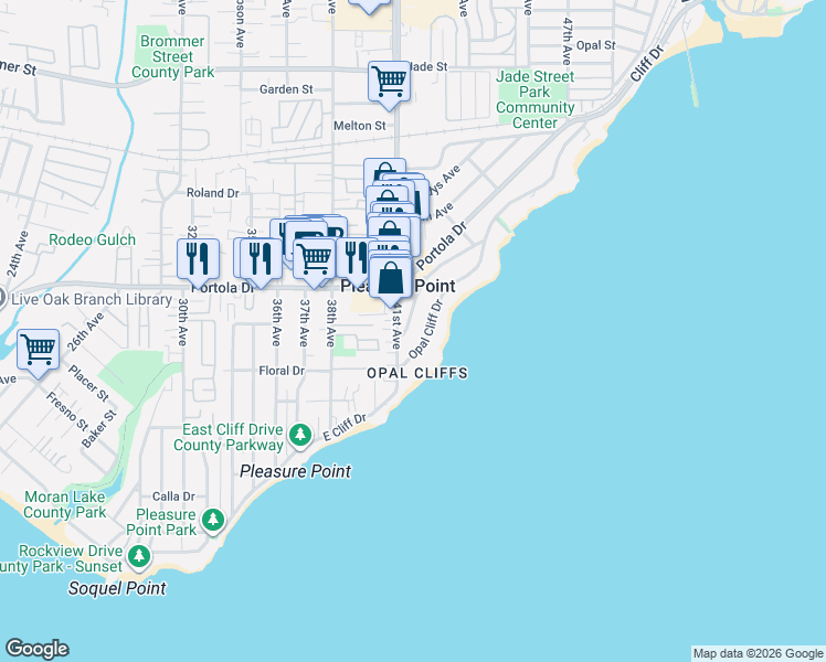 map of restaurants, bars, coffee shops, grocery stores, and more near 621 41st Avenue in Santa Cruz