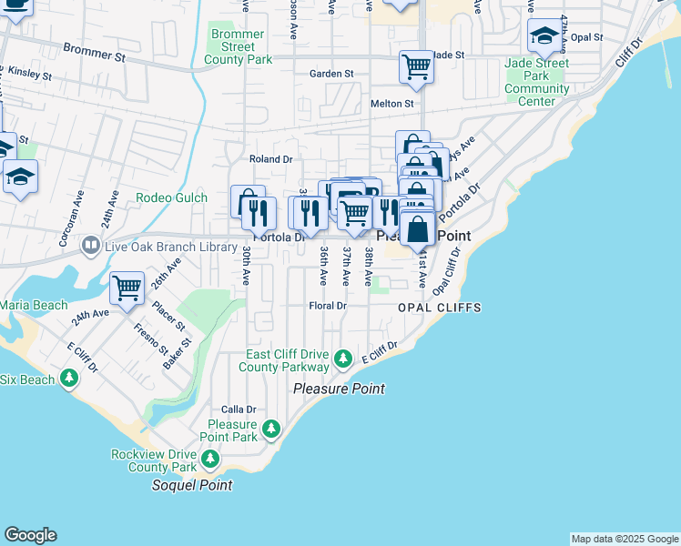 map of restaurants, bars, coffee shops, grocery stores, and more near 638 36th Avenue in Santa Cruz