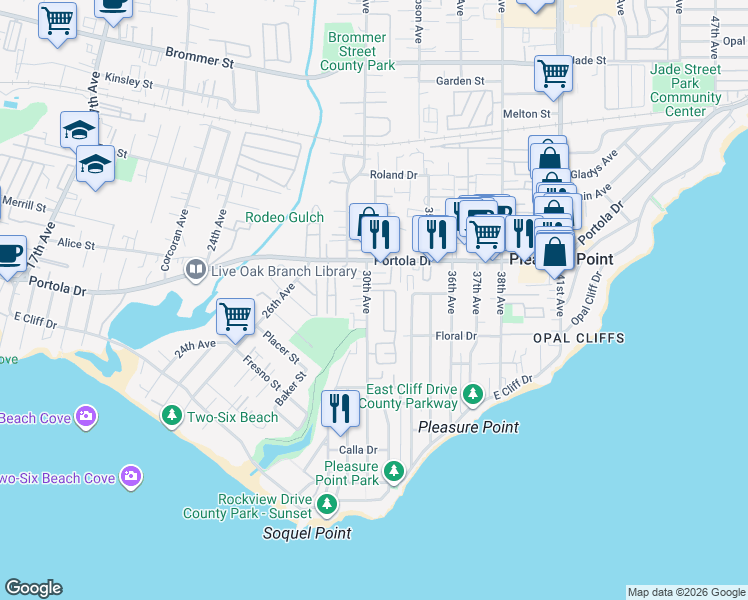 map of restaurants, bars, coffee shops, grocery stores, and more near 690 30th Avenue in Santa Cruz