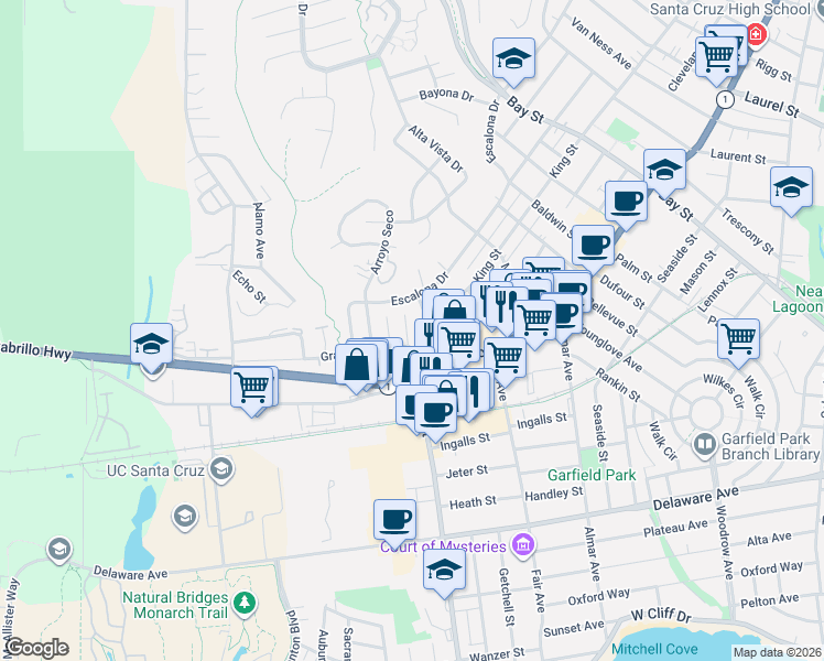 map of restaurants, bars, coffee shops, grocery stores, and more near 205 Ladera Court in Santa Cruz