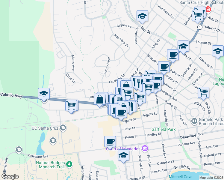map of restaurants, bars, coffee shops, grocery stores, and more near 100 Serra Court in Santa Cruz