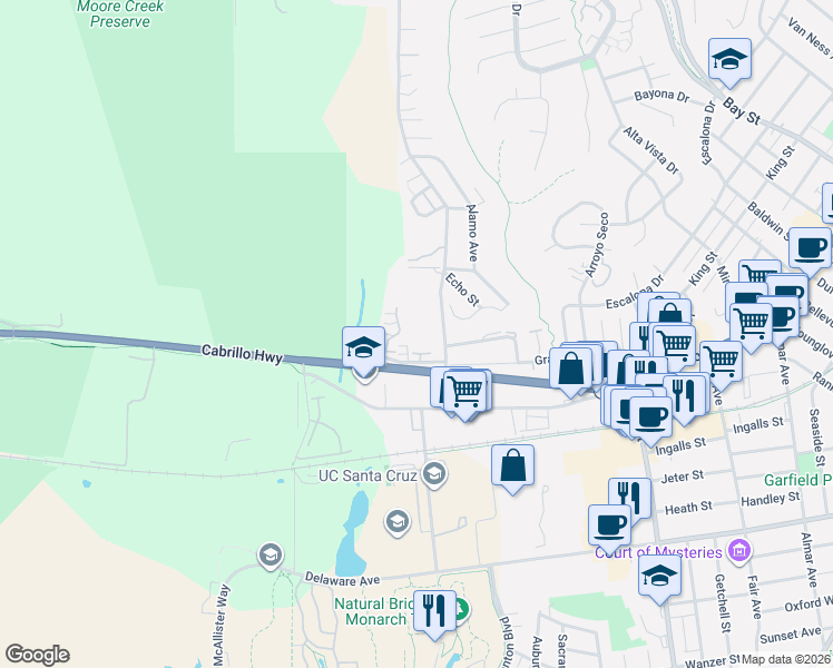 map of restaurants, bars, coffee shops, grocery stores, and more near 128 Grandview Terrace in Santa Cruz