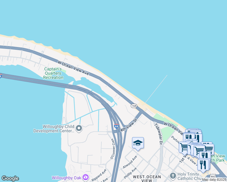 map of restaurants, bars, coffee shops, grocery stores, and more near 525 West Ocean View Avenue in Norfolk