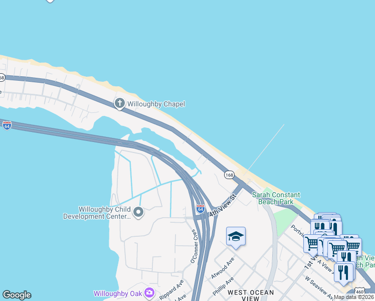 map of restaurants, bars, coffee shops, grocery stores, and more near 569 West Ocean View Avenue in Norfolk