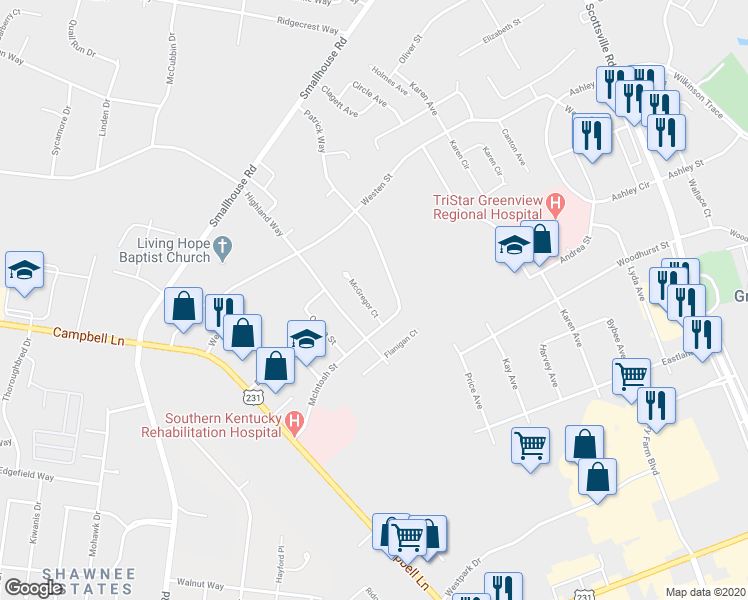 map of restaurants, bars, coffee shops, grocery stores, and more near 1720 Highland Way in Bowling Green