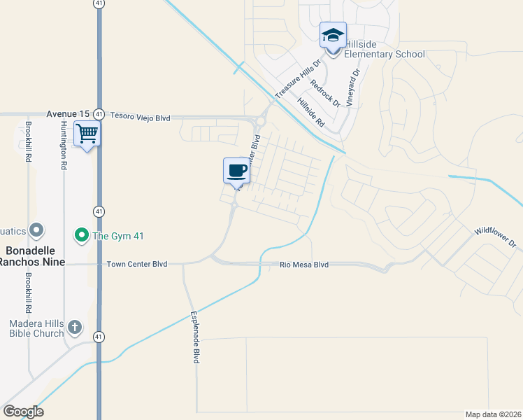 map of restaurants, bars, coffee shops, grocery stores, and more near 4035 Braden Road in Madera