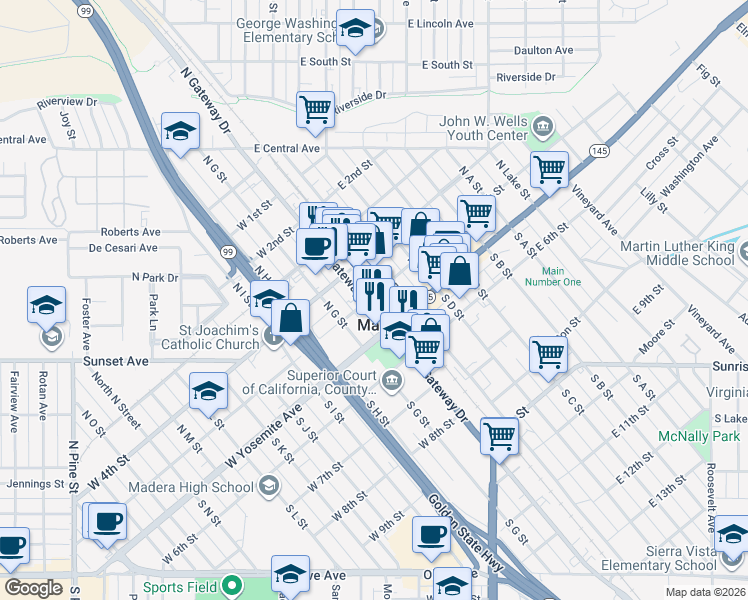 map of restaurants, bars, coffee shops, grocery stores, and more near 118 North Gateway Drive in Madera