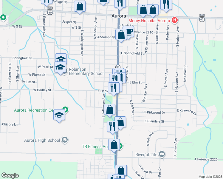 map of restaurants, bars, coffee shops, grocery stores, and more near 1301 South Elliott Avenue in Aurora