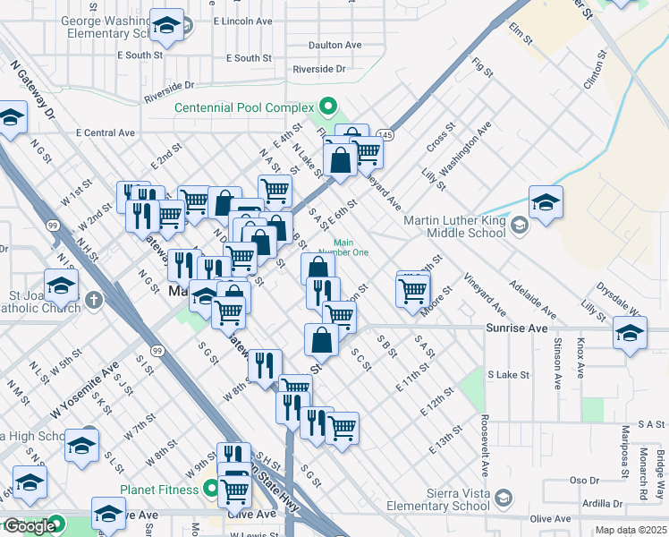 map of restaurants, bars, coffee shops, grocery stores, and more near 310 South B Street in Madera