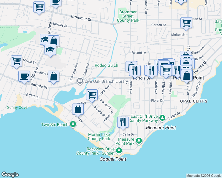 map of restaurants, bars, coffee shops, grocery stores, and more near 2672 Quartz Street in Santa Cruz