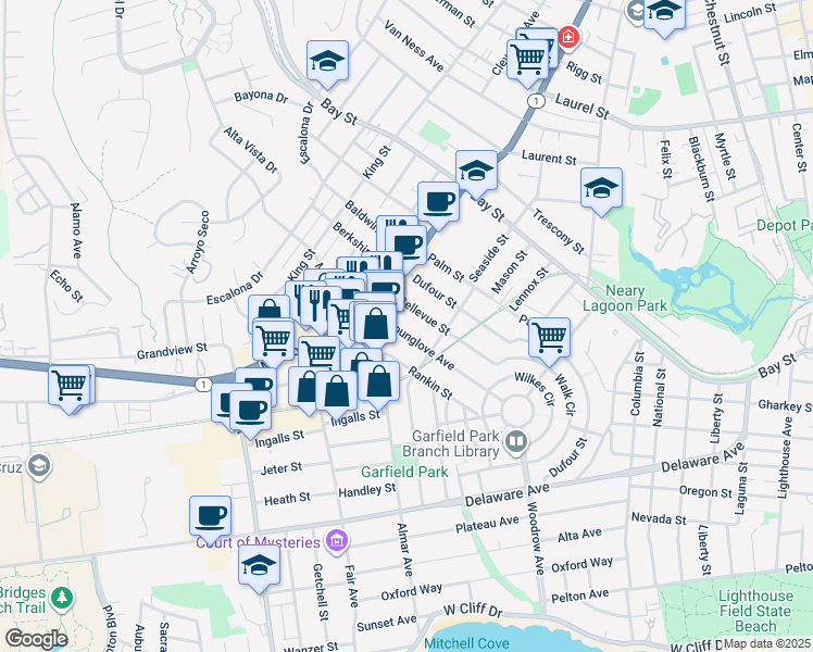 map of restaurants, bars, coffee shops, grocery stores, and more near 228 Rankin Street in Santa Cruz