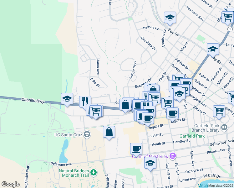 map of restaurants, bars, coffee shops, grocery stores, and more near 108 Beachview Avenue in Santa Cruz