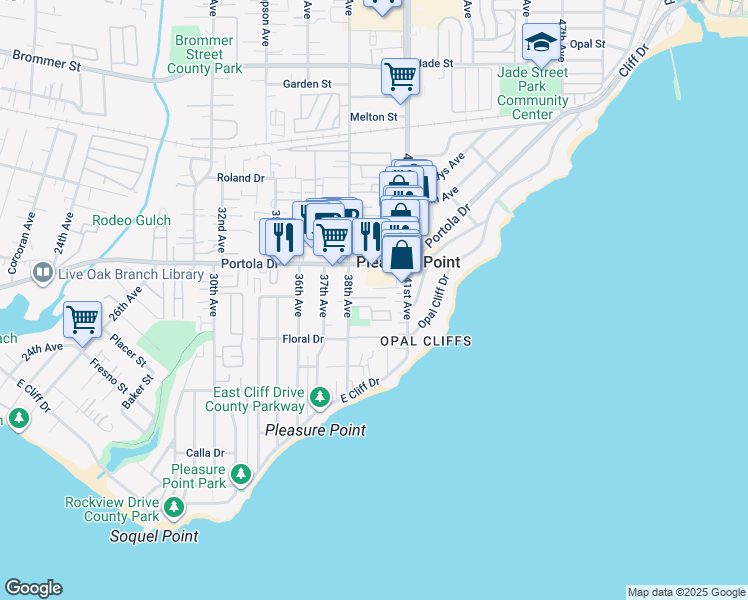 map of restaurants, bars, coffee shops, grocery stores, and more near 692 38th Avenue in Santa Cruz