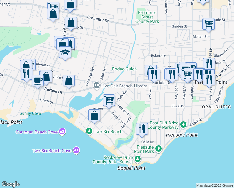 map of restaurants, bars, coffee shops, grocery stores, and more near 2507 Friesland Court in Santa Cruz