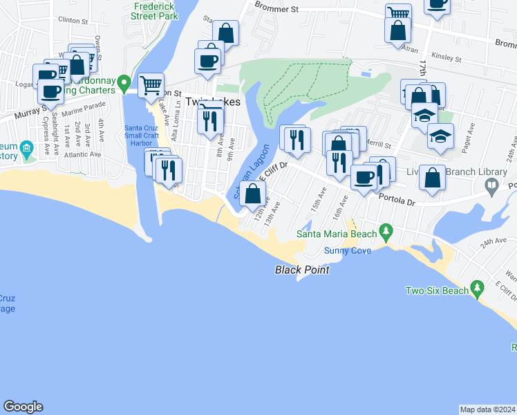 map of restaurants, bars, coffee shops, grocery stores, and more near 201 12th Avenue in Santa Cruz
