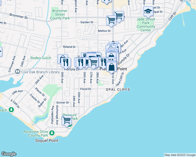 map of restaurants, bars, coffee shops, grocery stores, and more near 692 38th Avenue in Santa Cruz