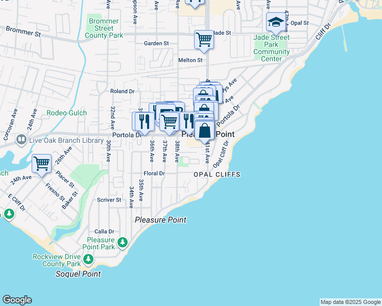 map of restaurants, bars, coffee shops, grocery stores, and more near 3890 Bramble Lane in Santa Cruz