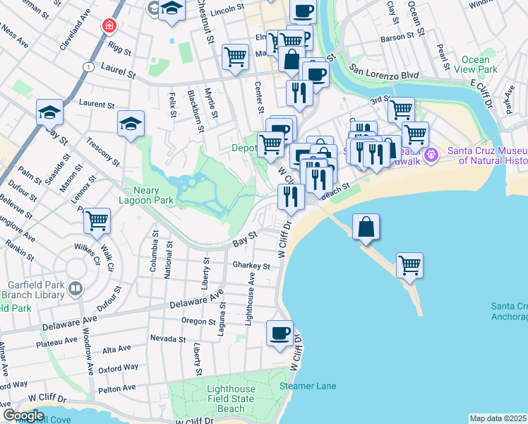 map of restaurants, bars, coffee shops, grocery stores, and more near 170 West Cliff Drive in Santa Cruz