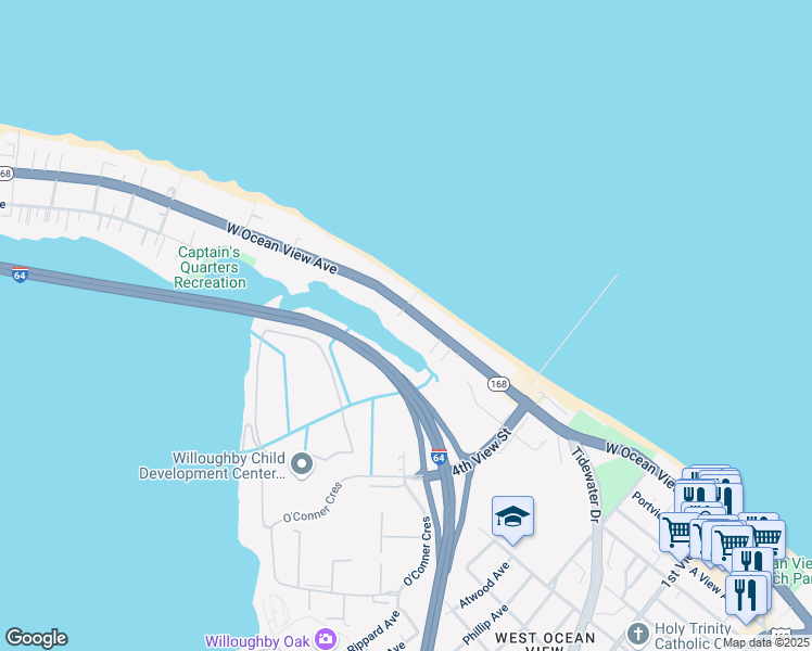 map of restaurants, bars, coffee shops, grocery stores, and more near 600c West Ocean View Avenue in Norfolk