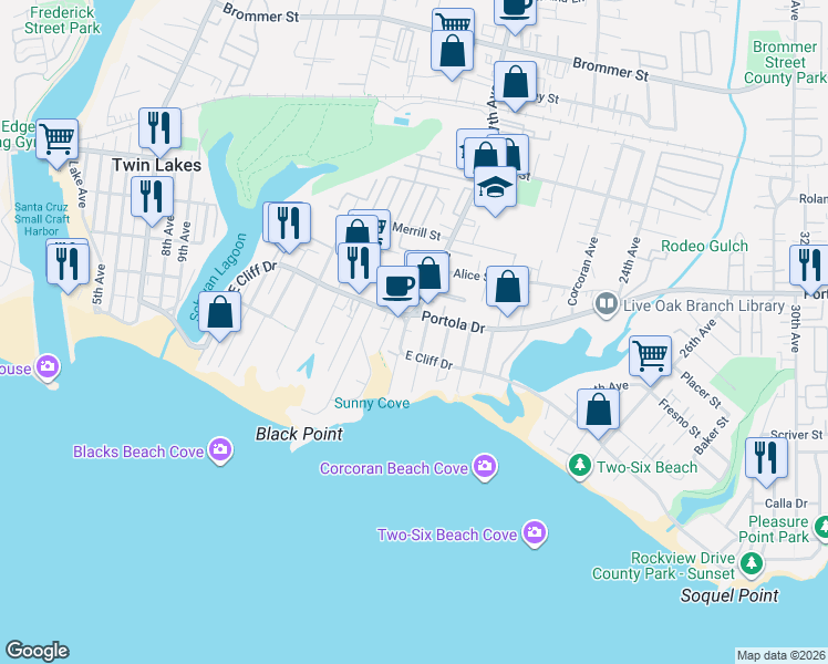 map of restaurants, bars, coffee shops, grocery stores, and more near 21661 East Cliff Drive in Santa Cruz