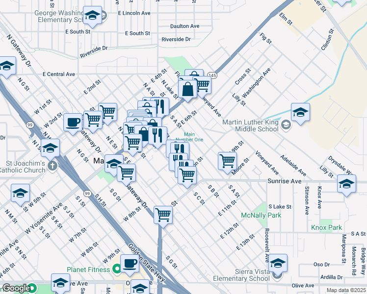 map of restaurants, bars, coffee shops, grocery stores, and more near 216 South A Street in Madera