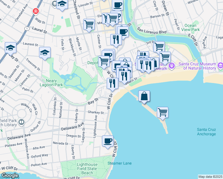 map of restaurants, bars, coffee shops, grocery stores, and more near 139 West Cliff Drive in Santa Cruz