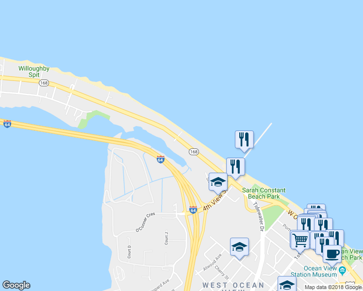 map of restaurants, bars, coffee shops, grocery stores, and more near 600c West Ocean View Avenue in Norfolk
