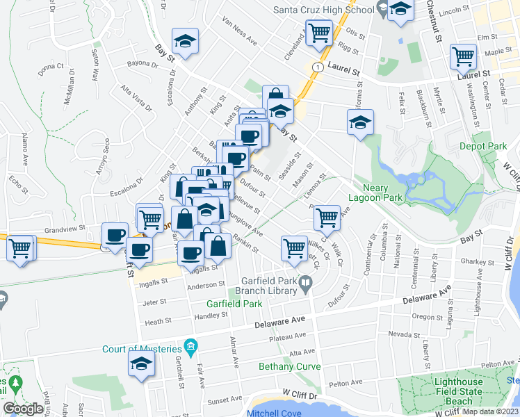 map of restaurants, bars, coffee shops, grocery stores, and more near 504 Bellevue Street in Santa Cruz