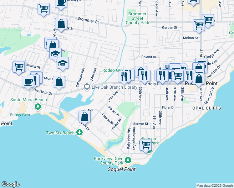 map of restaurants, bars, coffee shops, grocery stores, and more near 649 26th Avenue in Santa Cruz