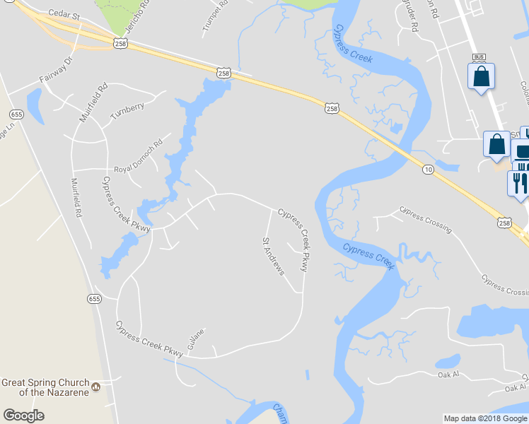 map of restaurants, bars, coffee shops, grocery stores, and more near 129 Saint Andrews in Smithfield