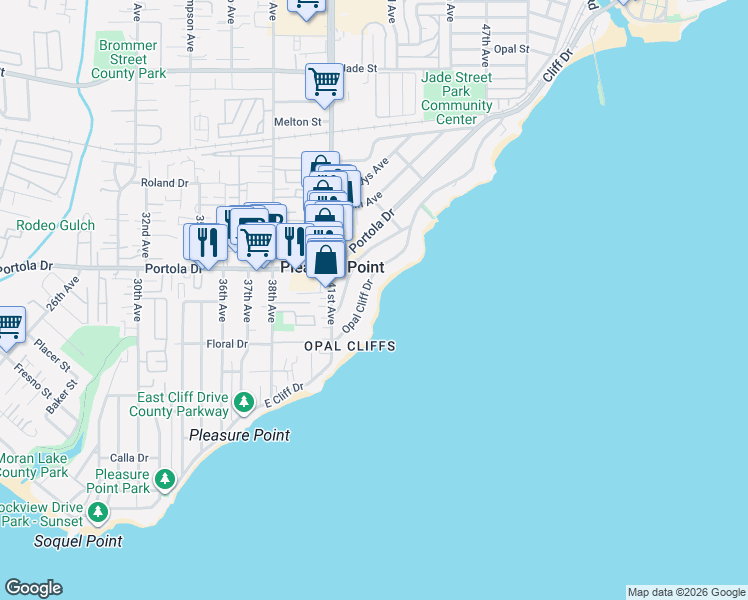 map of restaurants, bars, coffee shops, grocery stores, and more near 4275 Opal Cliff Drive in Santa Cruz