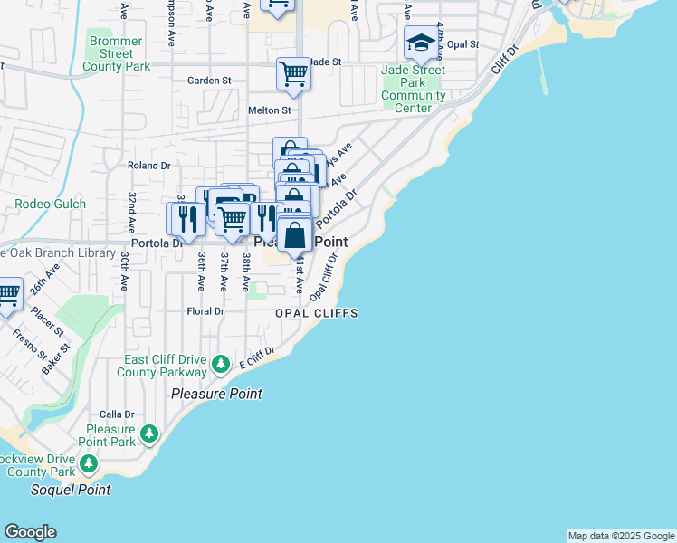map of restaurants, bars, coffee shops, grocery stores, and more near 4250 Opal Cliff Drive in Santa Cruz