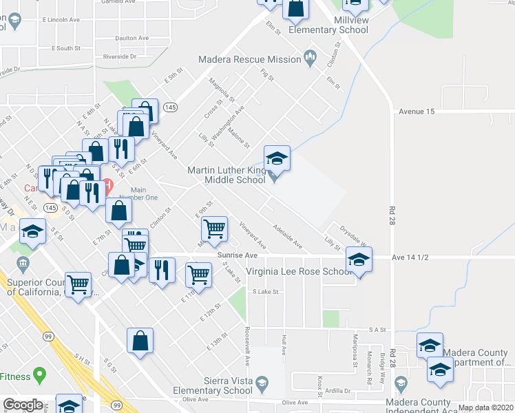 map of restaurants, bars, coffee shops, grocery stores, and more near 755 Sawmill Street in Madera