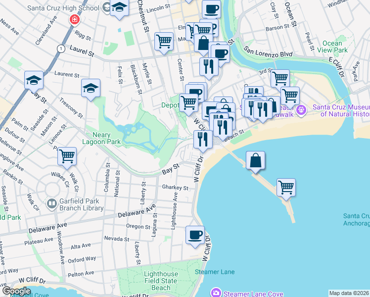 map of restaurants, bars, coffee shops, grocery stores, and more near 170 West Cliff Drive in Santa Cruz