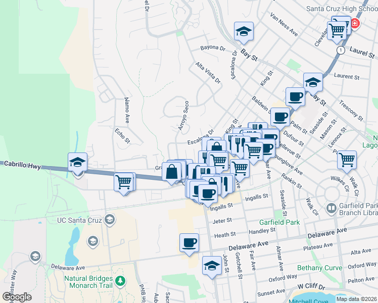 map of restaurants, bars, coffee shops, grocery stores, and more near 1625 Escalona Drive in Santa Cruz