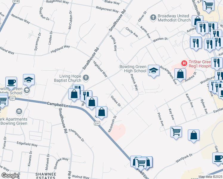 map of restaurants, bars, coffee shops, grocery stores, and more near 1616 Highland Way in Bowling Green